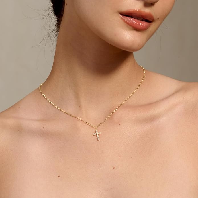 Tewiky Cross Necklace for Women-Dainty Simple 14k Gold Plated/sterling silver Plated Cross Pendant Cute Necklaces Jewelry for Women