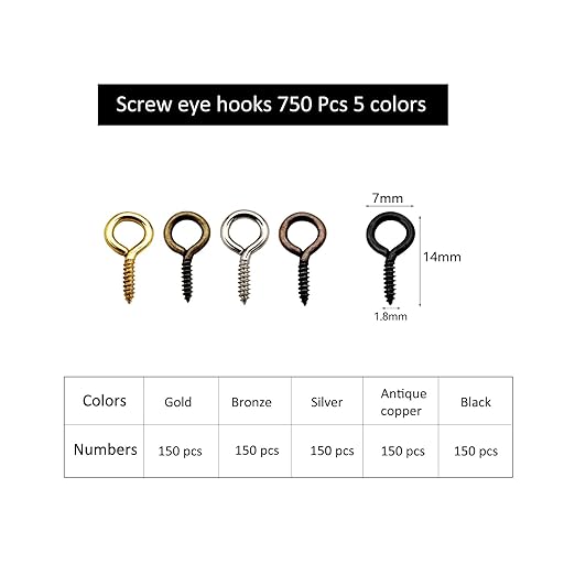 Small Screw Eyes Pin Hooks, 750 Pcs 0.55 Inch Screw in Hook for Jewelry, Cork Bottles,Resin, Bead, 7mm*14mm Small Eye Rings Eyelet Hook for Craft 5 Colors