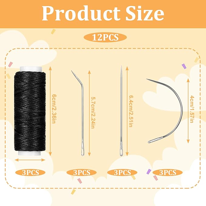 Hair Needle and Thread Set, 12pcs Hair Extension Tools 3 Rolls Hair Weave Sewing Threads with 9pcs C J I Shape Curved Upholstery Needles for Hand Sewing Hair Weave Extension Making Wig