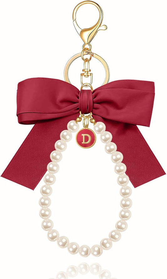 XGALBLA Initial Letter Cute Coquette Bow Keychain for Women, Wristlet Simulated Pearl Keychains Bag Charms for Handbags