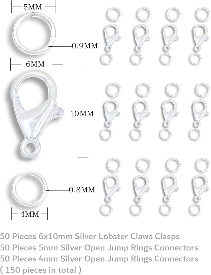 AD Beads 50 Pieces Lobster Claws Clasps Plus 100 Pieces 5mm Match Color Open Jump Rings Suitable for Necklace Bracelets Jewelry (6x10mm, Silver)