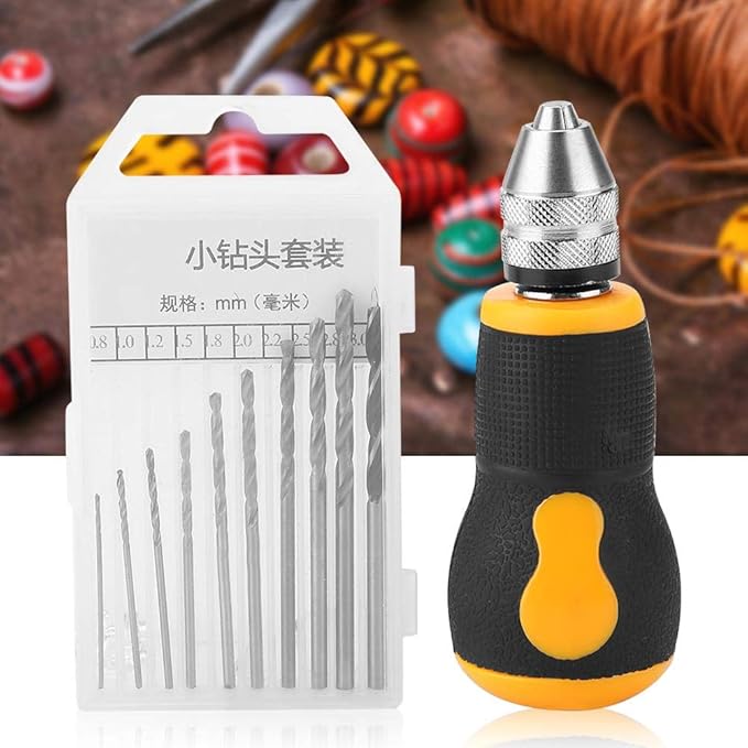 Micro Mini Hand Drill Tool, Portable Tool Set Small Hand Drill & 10 pcs Twist Drill Bits 0.8-3.0mm Precision Pin Vise Woodworking Hand Drill for Model Jewelry Walnut Amber Beeswax