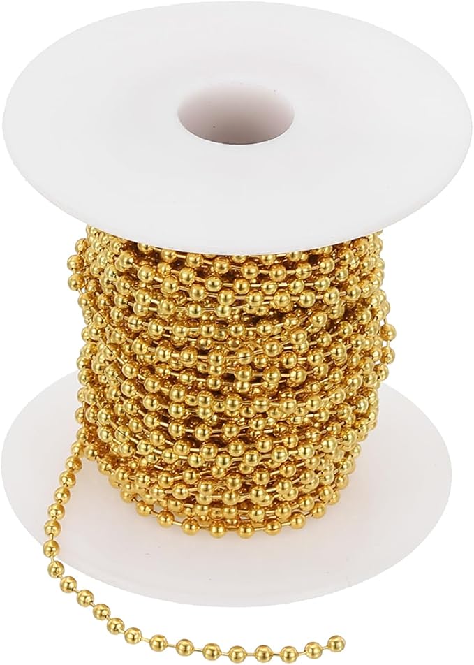 PATIKIL 10m/32.8ft Beaded Ball Chain, 2mm Stainless Steel Pull Chain Extension with 20 Pcs Connectors for Tag Chain, Keychain Rings, DIY Crafts, Golden