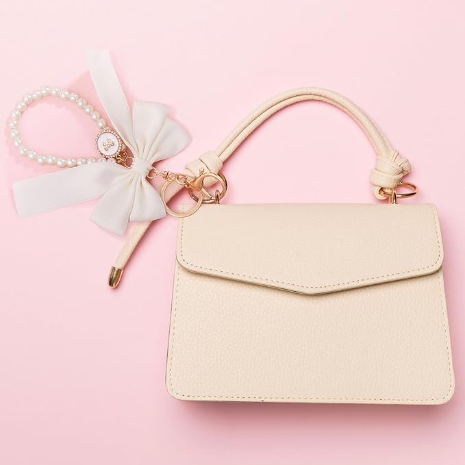 Joez Wonderful Pearl Bow Keychain, Cute Pink Bowknot & Pearl Keyring Charms, Aesthetic Keychain