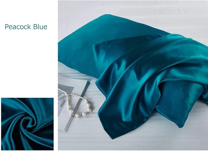 Mulberry Silk Pillowcases Set of 2, Hypoallergenic Satin Pillow Covers for Hair and Skin, with Hidden Zipper, Both Side 100% 19 Momme Silk (Peacock Blue,Standard)