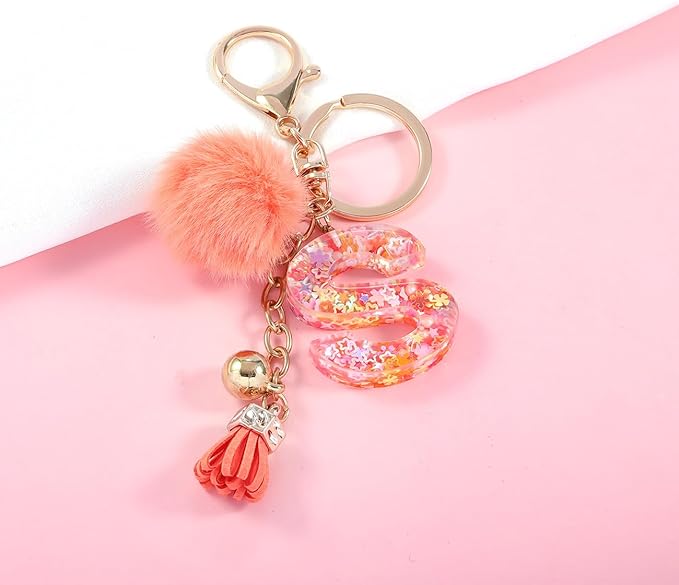 Resin Alphabet Initial Letter Keychain Keyring for Women Purse Handbags With Fur Ball Pom