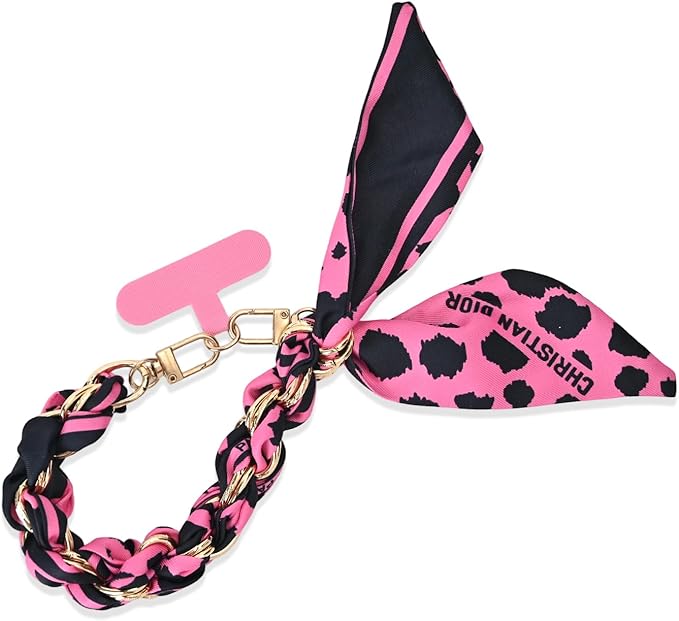 Fycyko Phone Wrist Strap with Gold Metal Scarf and Universal Tether Tab, Aesthetic Print Design Ribbon Chain, Multi-Purpose Accessories for Bag Key Cellphone for Men Women Girls-Hot Pink Leopard