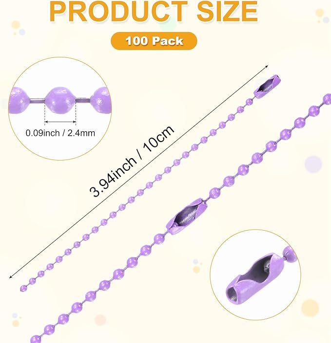 M METERXITY 100-Pack Ball Beads Chain, 4 in Metal Beaded Necklace Adjustable Keychain with Connectors for Jewelry Making/DIY Crafts/Hanging Decoration, Dog Tag Chain [Light Purple]
