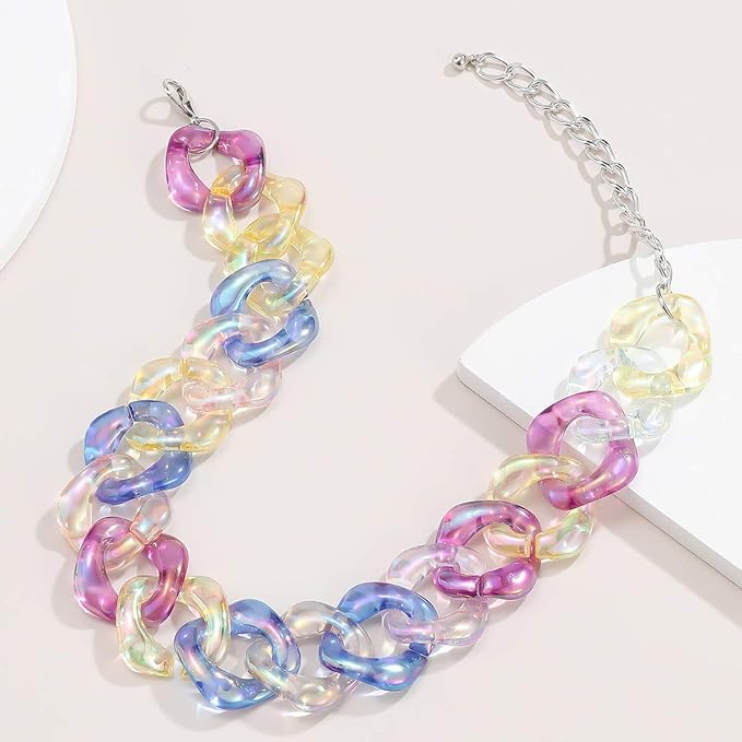 Xerling Colorful Rainbow Acrylic Link Chain Necklace Punk Chunky Boho Iridescent Necklace for Women Teen Girls Multi-Colored Curb Chain Choker for Party Modern Necklace