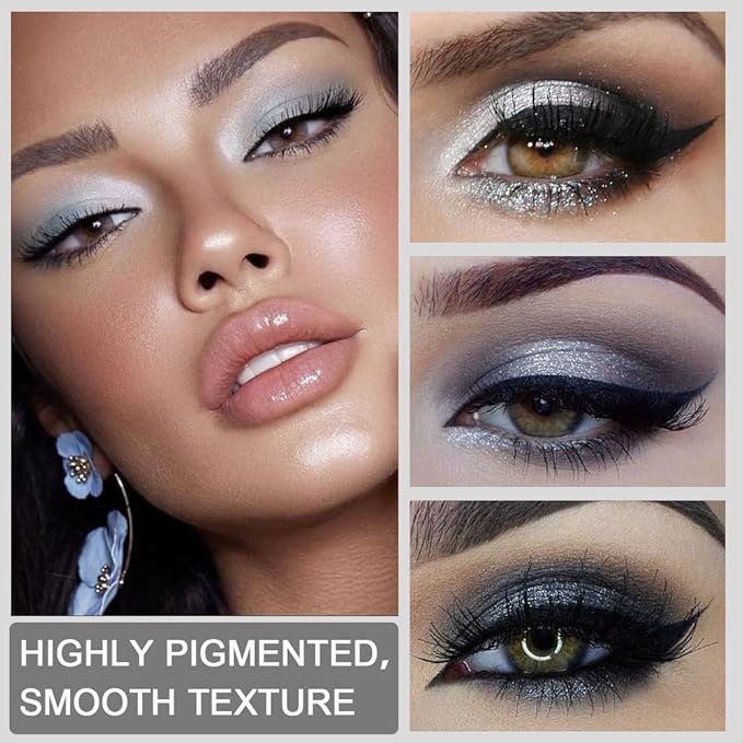 evpct 9 Colors Silver Gray Glitter Eyeshadow Palette, Black Smokey Grey and Silver White Sparkle Glitter Shimmer Shiny Eye Shadow Palette Makeup for older Women, High Pigment Eyeshadow Sombra de ojos