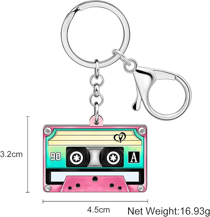 Acrylic 70s 80s 90s Colorful Retro Cassette Tape Keychain Hip Hop Pink Key Ring Charm For Women Music Themed Party Gift