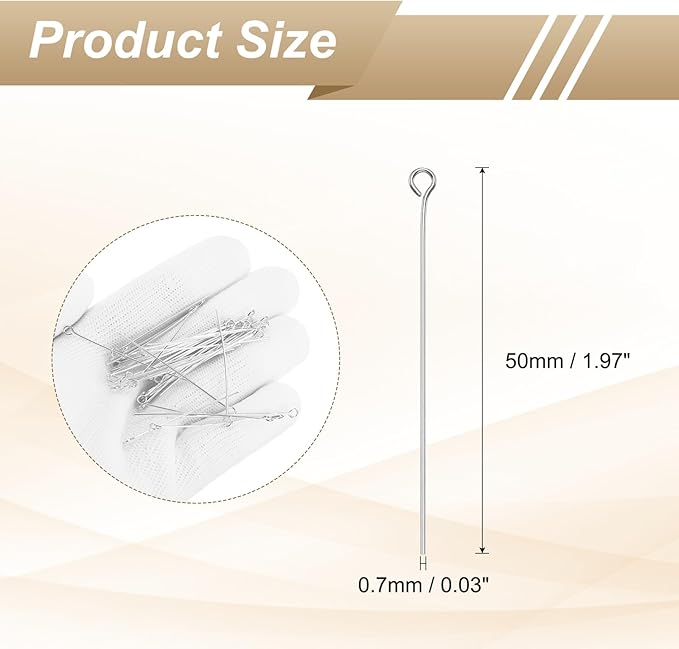 HARFINGTON 100pcs Open Eye Head Pins 1.97" 50mm Mini Metal Wire Eye Pins Beading Small Needles Bulk for Earring Pendant Necklace Bracelet Charm Jewelry Making Findings DIY Craft, Silver Tone