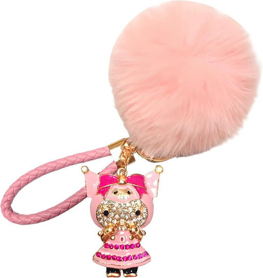 Cute Keychain for Women with Braided Rope, PomPom and Sparkling Rhinestones - Kawaii Charm for Kinds of Bags