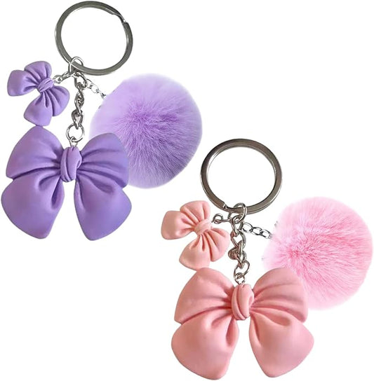 2 Pcs Cute Plush Keychain Artificial Fur Ball Keychains Fluffy Pendant Car Bag Charm, Pink Bow Pom Pom Keychain Soft Lovely Backpack Keyring for Women's Keyrings & Keychains