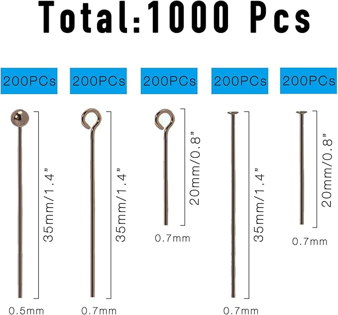Jewelry Making Head Pins and Eye Pins Set, 1000 Pieces, Stainless Steel, Mixed Finishes (Gunmetal Black)