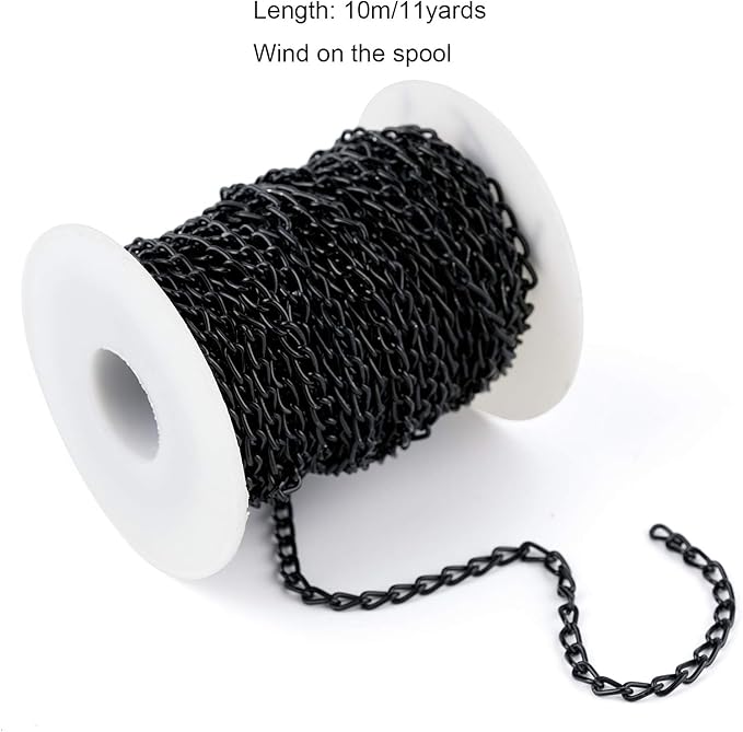 WUBOECE 11 Yards Aluminum Curb Chain Link with Spool, 4mm Width Twisted Cross Necklace Finding Chains in Bulk for DIY Crafts, Jewelry Making Supplies, Black