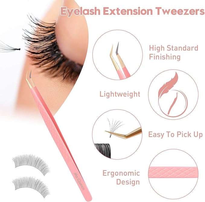 Ms.Queen Lash Tweezers for Eyelash Extensions,5Pcs Precision Fiber Tip Grip Curved 45 90 Degree Boot volume Tweezers Set