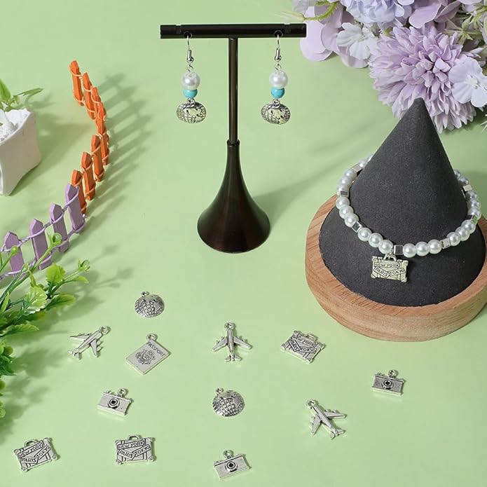 SUNNYCLUE 1 Box 80Pcs 5 Styles Alloy Travel Charms Passport Charms Bulk Tibetan Silver Retro Metal Airplane Camera Map Suitcase Pendants for Jewelry Making Supplies DIY Necklace Bracelet Earring