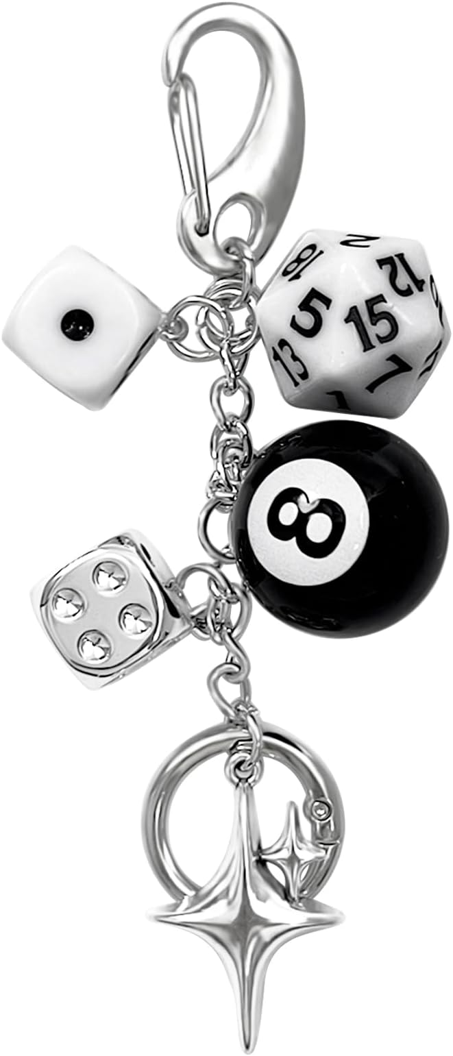 Y2K Keychain for Women, 8 Ball Dice Charm with Carabiner Clip - Cute Goth Core Keychain Bag Charm for Keys Bags Jeans