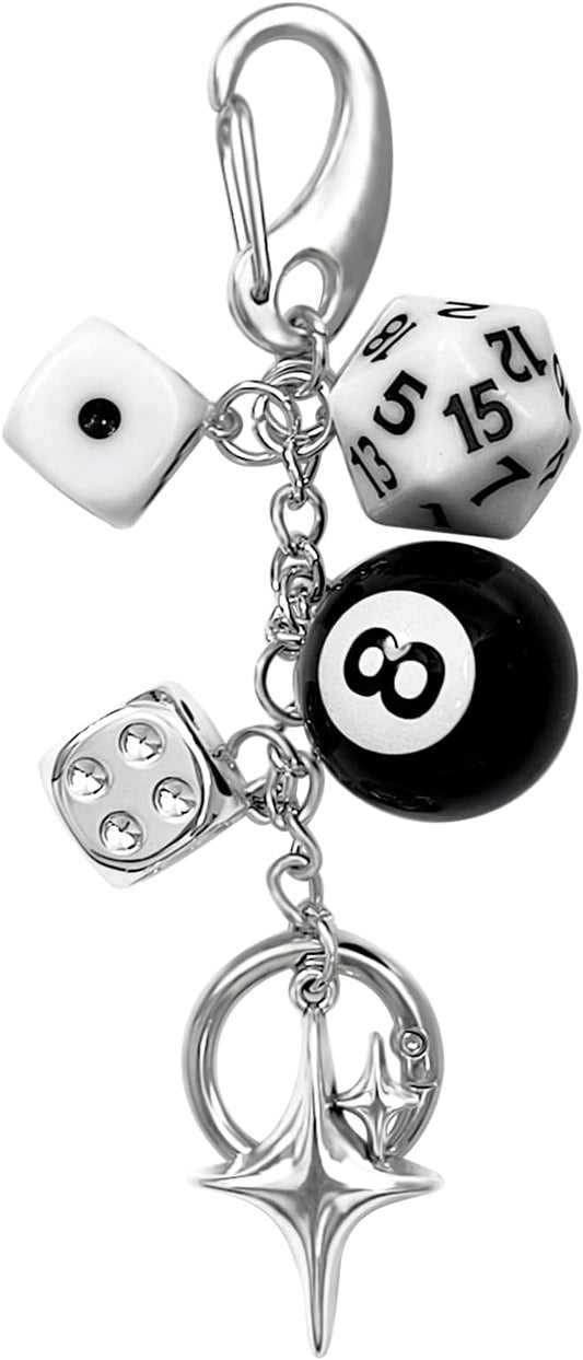 Y2K Keychain for Women, 8 Ball Dice Charm with Carabiner Clip - Cute Goth Core Keychain Bag Charm for Keys Bags Jeans