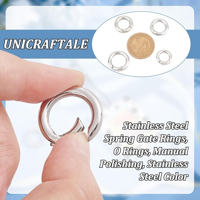 UNICRAFTALE 4pcs 4 Sizes Spring Gate Rings Stainless Steel Key Rings Carabiner Lock Clasps Connector Keychain Ring Round Snap Clasps Metal Spring Gate Rings for Jewelry Making Bag Purse Handbag Strap