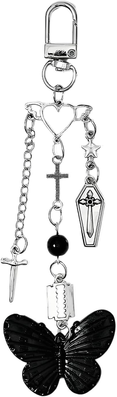 Y2K Keychain Goth Butterfly Keychain Bag Charms for Handbags Aesthetic Purse Charms Cross Accessories Gifts for Women