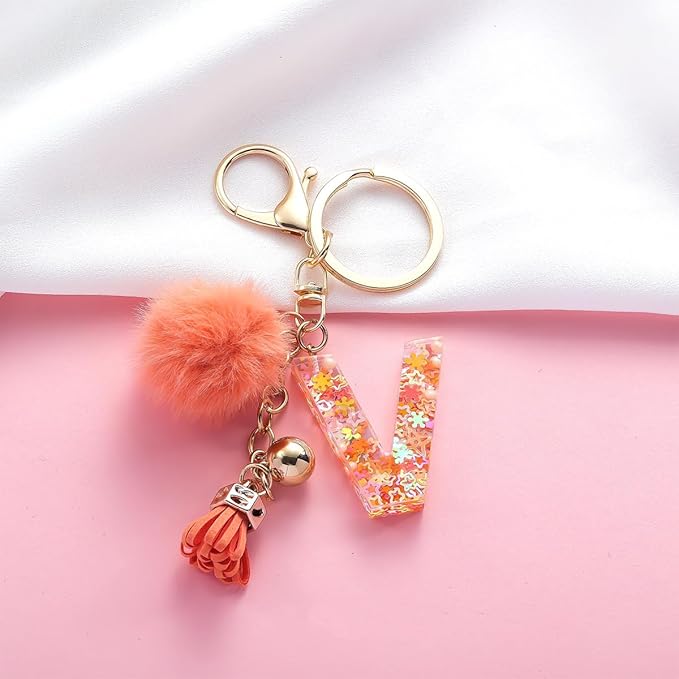 Resin Alphabet Initial Letter Keychain Keyring for Women Purse Handbags With Fur Ball Pom