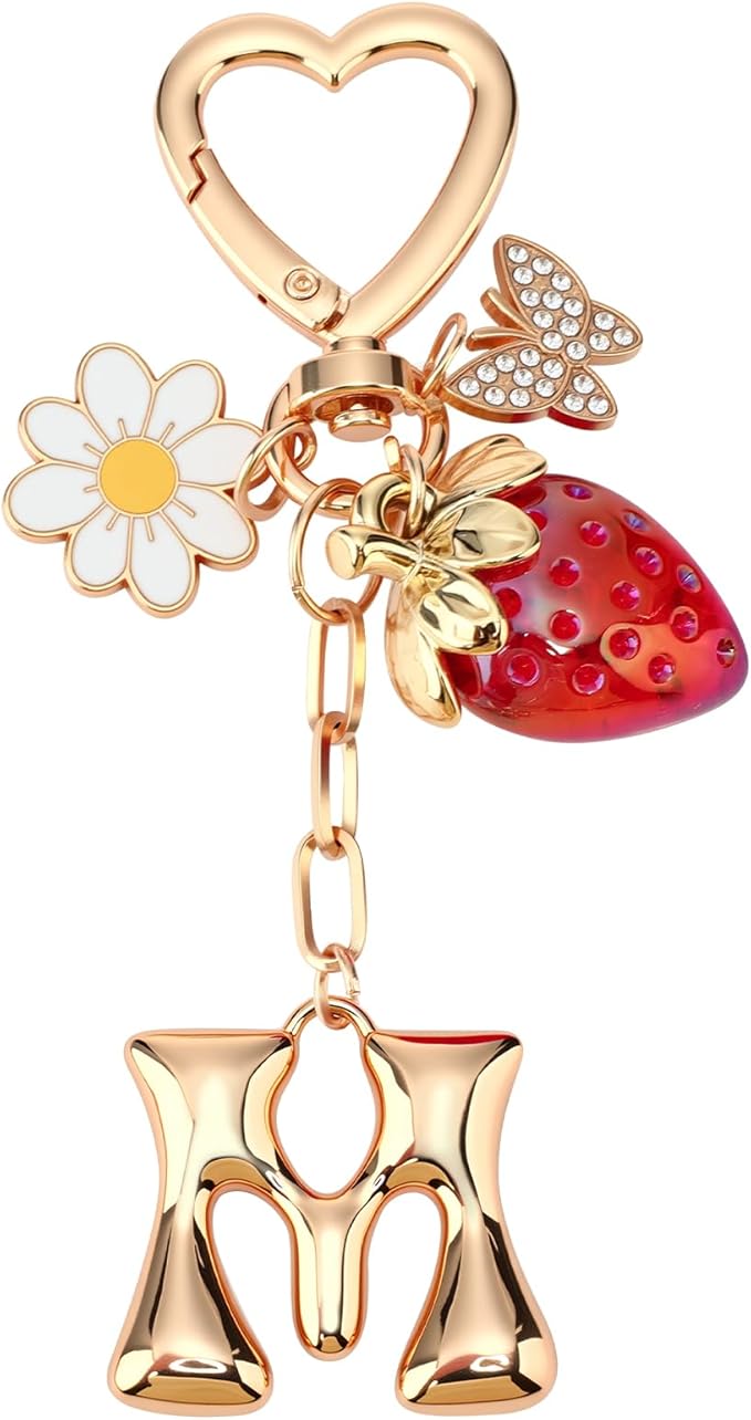 Strawberry Initial Keychain for Women-Cute Kawaii Gold Alphabet Bag Charms, Key chain Gift for Purse Handbag