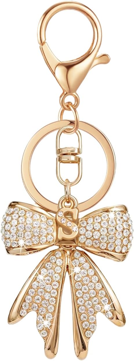 XGALBLA Sparkly Cute Initial Letter Rhinestone Bow Keychain for Women Gold Tone Bag Charms Coquette Aesthetic Purse Charms
