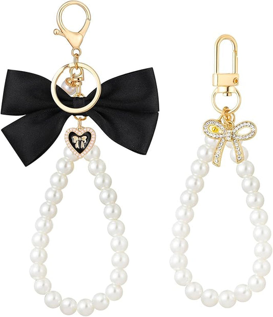 2Pcs Cute Bow Keychain for Women,Purse Charms Bow Bag Charms for Handbag, Pearl Keychain Accessories for Car