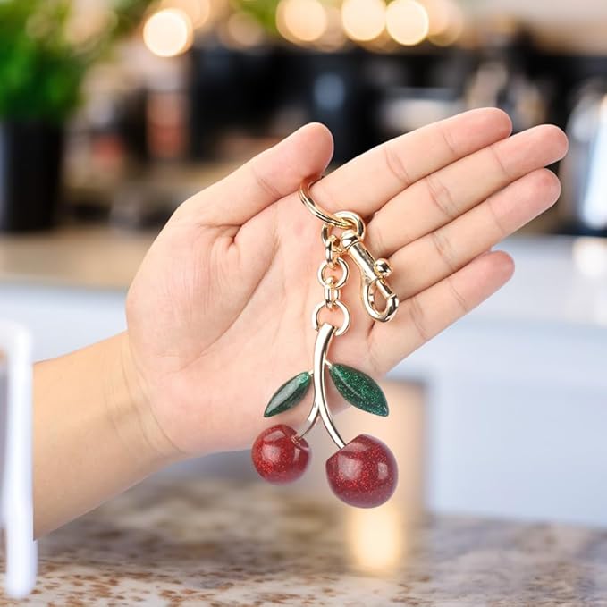 Cherry Keychain for Purse - Resin Alloy Silver Cherry Bag Charm，Cute Fruit Accessory for Women/Gift/Home/Car