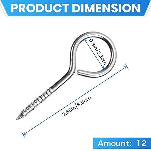12 Pcs 304 Stainless Steel Screw Eyes Bolts, Screw-in Hooks, M5 Heavy Duty Self Tapping Screw Hooks for Indoor & Outdoor Hanging and Fixing (Ring)