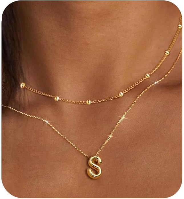 PANSHI Gold Initial Necklaces Gifts for Teen Girls Women Girlfriend Teen Girl Gifts Trendy Stuff Layered Bubble Letter Necklace Gold Jewelry Birthday Gift