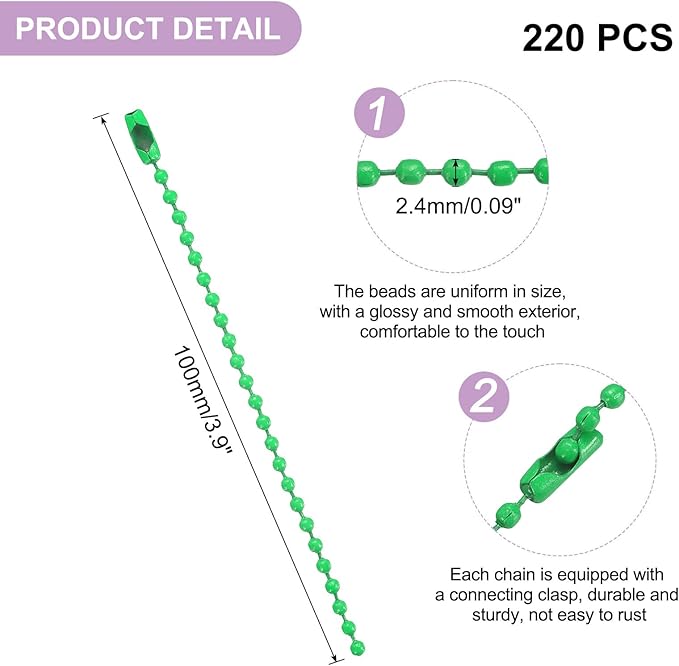 uxcell 220pcs Metal Ball Bead Chain, 100mm Long Bead Connector Clasp Dog Tag Hanging Chain for Key Chains Tags Craft Projects Jewelry Making, Green