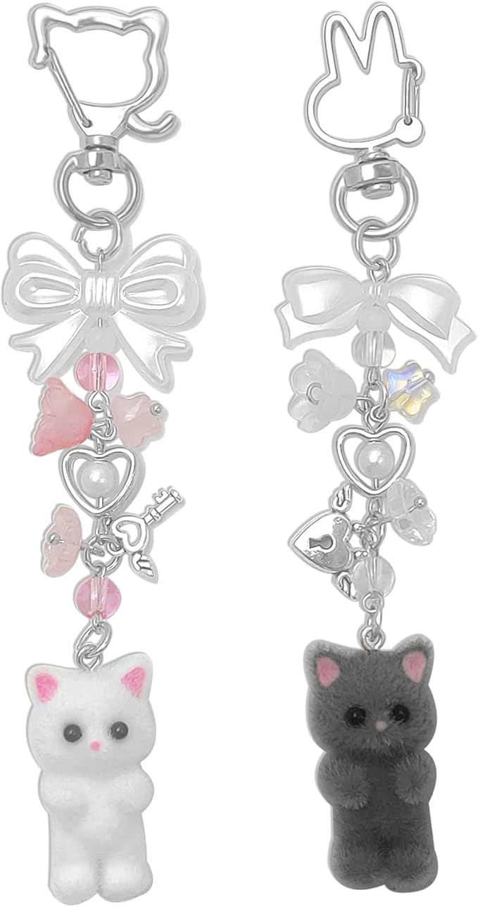 Cute Cat Keychain, Y2K Heart Bow Pendant, Kawaii Cat Bag Charm