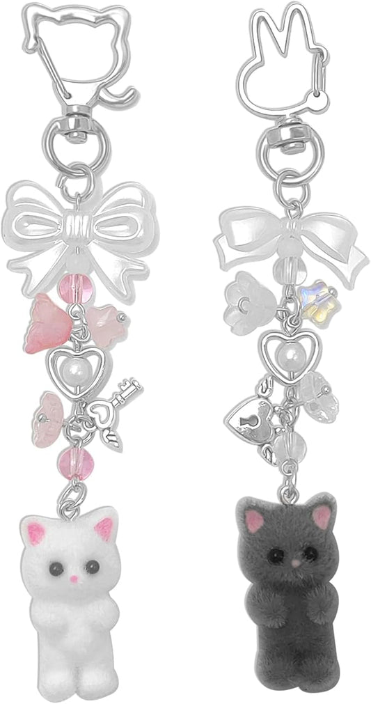 Cute Cat Keychain, Y2K Heart Bow Pendant, Kawaii Cat Bag Charm