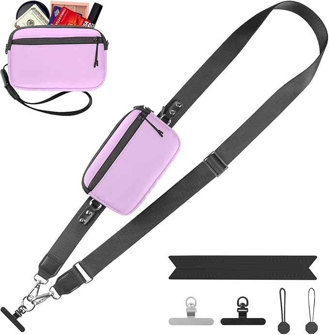 Clip and Go Strap for Phone with Wallet Crossbody, Adjustable Phone Lanyard with Detachable RFID Wristlet Wallet & Ultra-Thin 360° Rotatable Metal Tabs for All Smartphones (Purple)