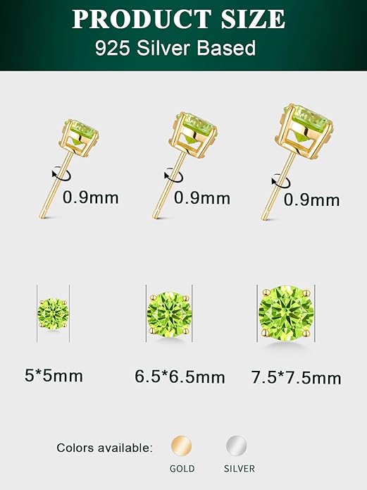 Wyyxl Peridot Earrings 14K Gold Plated Sterling Silver August Birthstone Earrings for Men Women Hypoallergenic Round Cut 1-6 Carat Peridot Jewelry Party Everyday Wear