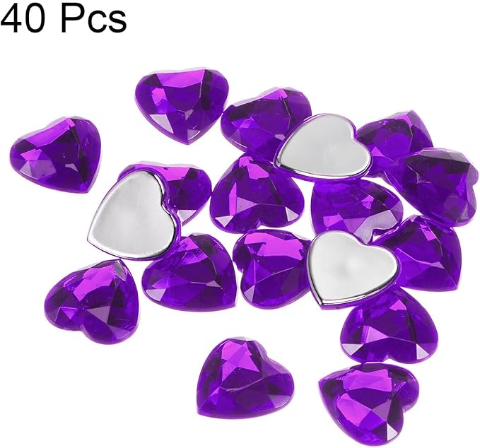 MECCANIXITY 40 Pcs Acrylic Heart Rhinestone 15mm Flat Back Plastic Gems Jewelry Stickers for Craft Bead Face Painting Costume Jewelry Making, Dark Purple
