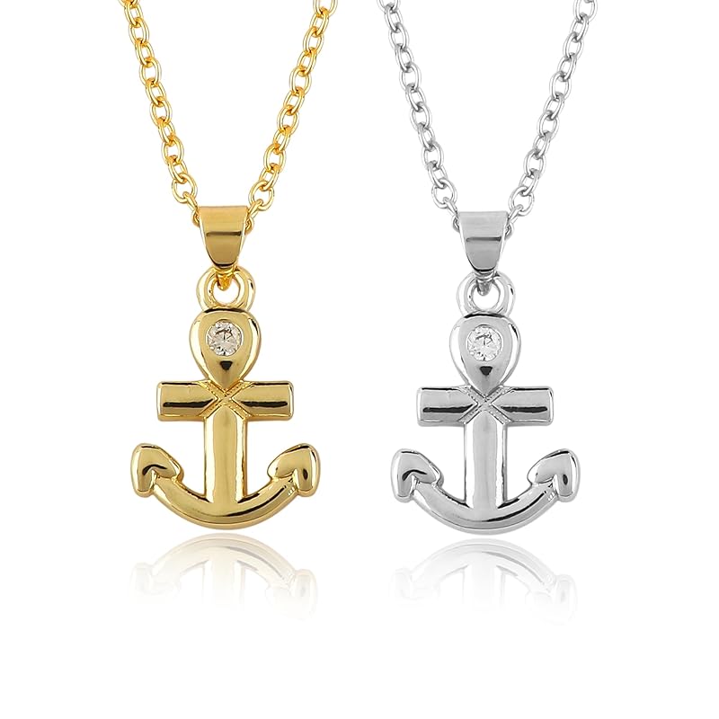 JOR Anchor Charm Pendant Necklace, CZ, Relationship Goal, Women Jewelry, Dainty Gold & Silver Plated Combo Chain 18 inch (Pack of 2)