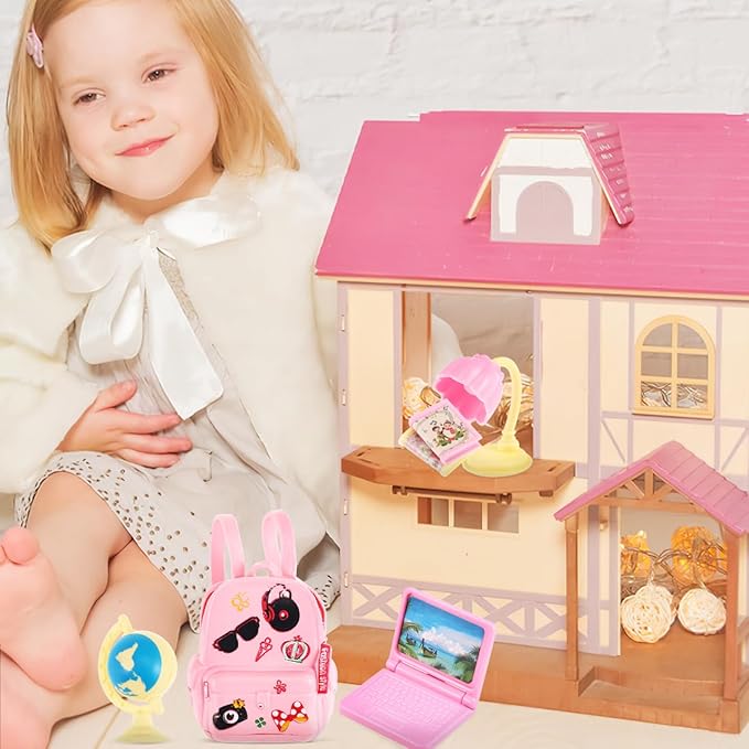 FAVOMOTO 18PCS Mini Doll School Supplies, Kids Dolls Dollhouse Accessories with Backpacks Rulers Desk Lamps Laptops Miniature Plastic Stationery Set for Dollhouse DIY Crafting School Playsets