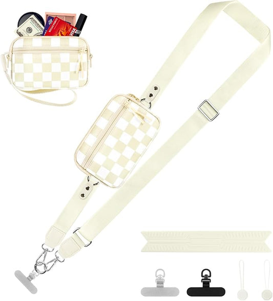 Clip and Go Strap for Phone with Wallet Crossbody, Adjustable Phone Lanyard with Detachable RFID Wristlet Wallet, Phone Strap with Phone Tabs for All Phones, Cream Checkered (M)
