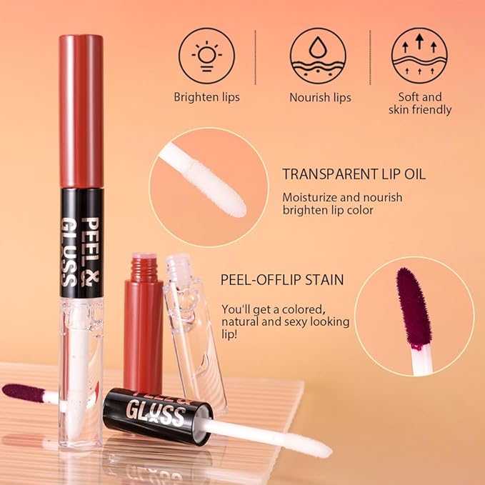 Maroon Lip Stain Peel off Lip Oil Dual Ended Combo Set, 2 in 1 Lips Liner Stain Oil Peel off Long Lasting Waterproof, High Pigmented Flawless Lips Tint Stick Not Faded Vegan & Cruelty-free 07#