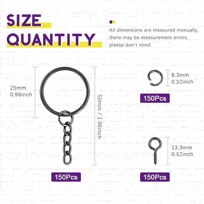 Swpeet 450Pcs 1 Inch 25mm Black Flat Key Chain Rings Kit, Including 150Pcs Split Keychain Rings with Chain and 150Pcs Jump Ring with 150Pcs Screw Eye Pins Bulk for Jewelry Findings Making