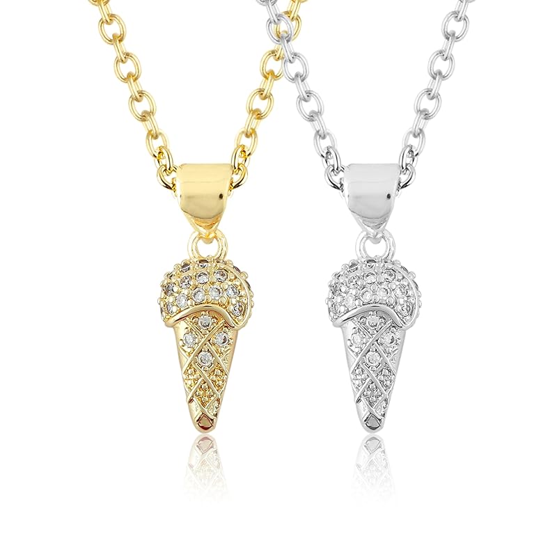 JOR Icecream Cone Charm with CZ Pendant Necklace, Cool Charm, Women Jewelry, Dainty Gold & Silver Plated Combo Chain 18 inch (Pack of 2)
