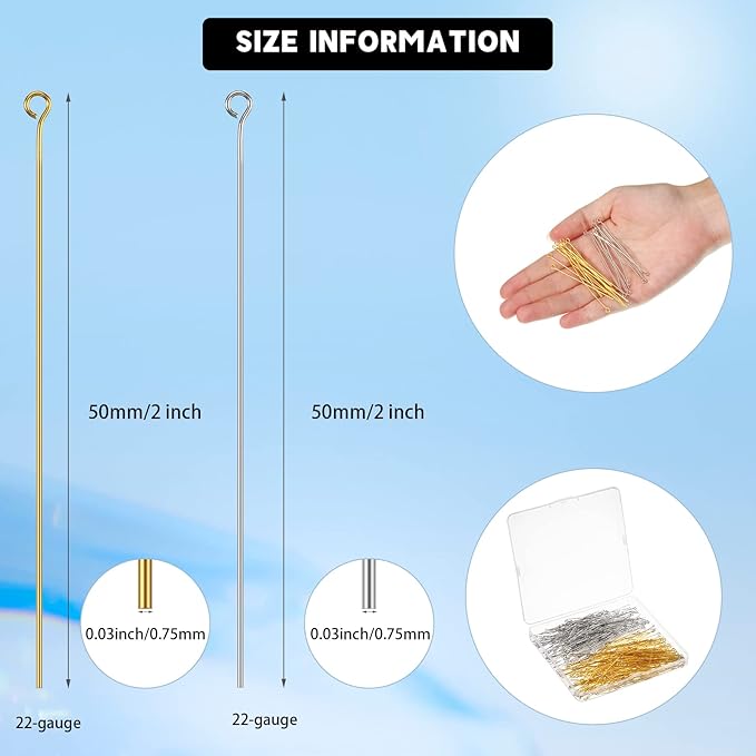 Sureio 500 Pieces 2 Inch 50 mm Eye Pins for Jewelry Making DIY Earring Eye Pins Jewelry Making Supplies for Craft Bracelet Necklace Pendant Accessories Supplies(Gold, Silver)