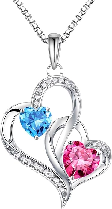 Iefil Valentines Day Gifts for Her, Birthstone Necklace for Women, 925 Sterling Silver Double Birthstone Necklace | Anniversary Birthday Gifts | Personalized Jewelry Gift for Wife Mom Girlfriend