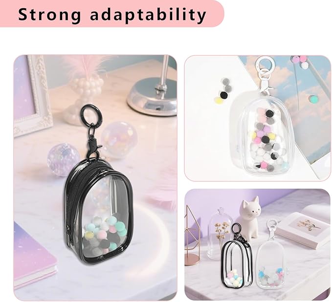2PCS Clear Character Display Bag Mini Doll Hanging Box with Key Chain, Portable Zipper Closure Dust Guard Set Box - Semi-Circular (Black + Transparent)