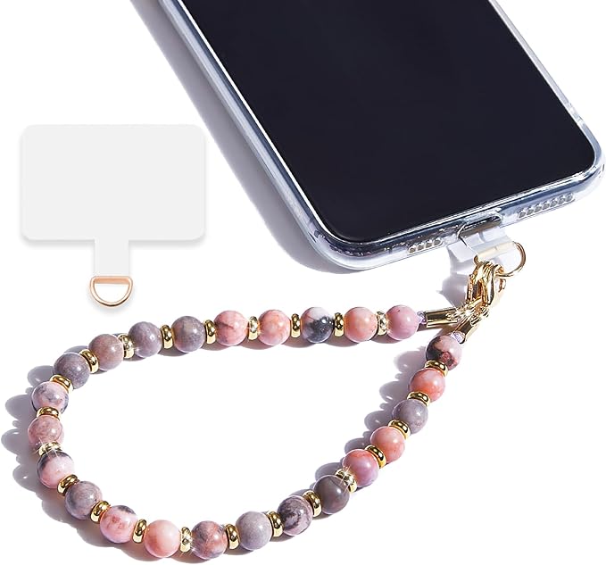 Marble Beaded Phone Wrist Strap,Detachable Phone Bracelet Strap with Tether Tab,Hands-Free Wristlet Strap (Pink Zebra)