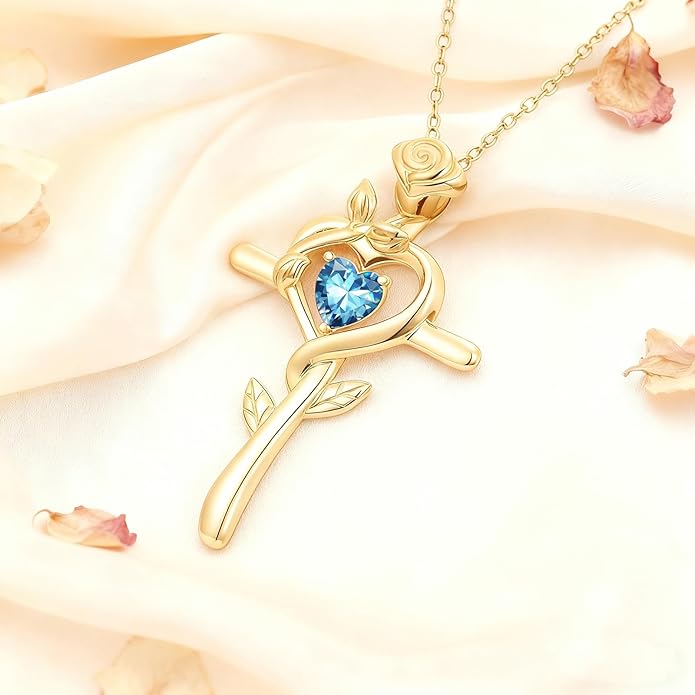 Midari 18K Yellow Gold Cross Pendant Rose Birthstone Necklaces for Women Christian Cross Jewelry with 12 Months Birthstone Birthday Gifts for Wife Her Daughter Mom